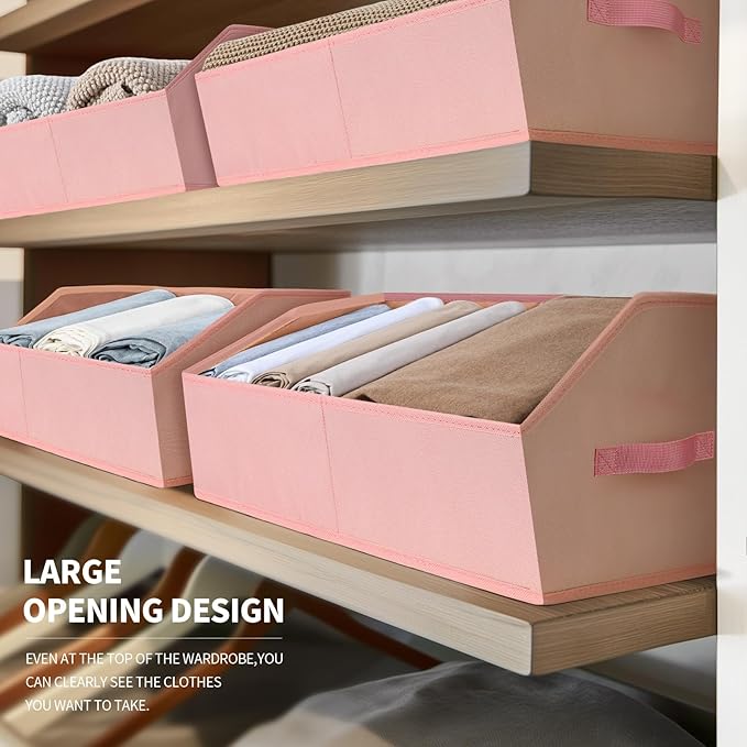 Closet Baskets for Shelves Trapezoid - Decorative Storage Baskets with Handle, Closet Bins for Organization, Shelf Storage Bins for Clothes, Books, Home, Office, 4 Pack, Pink