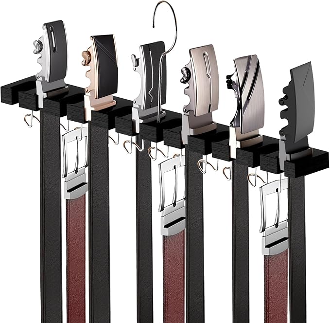 Belt Hanger for Closet Max 42 Belts, 2-in-1 Wall Mount Belt Organizer with 360° Rotating Hooks, Wooden Tie and Belt Rack for Closet Accessories Organizers and Storage, Black