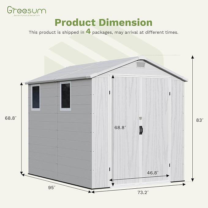 Greesum 6x8FT Plastic Outdoor Storage Shed with Floor, Resin Sheds with Lockable Double Door, Tool Sheds with Window and Vents, for Garden, Backyard, Patio, Light Gray