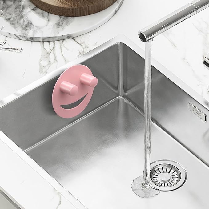 Stainless Steel Smiley Face Sponge Holder, Silver Sink Caddy Organizer Storage with Suction Cup for Kitchen, Kitchen Accessories Decor Scrubber-Pink