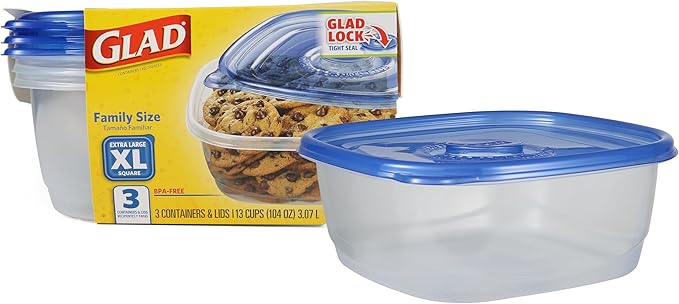 Glad GladWare XL Square Food Storage Containers, Family Size Meal Container with Lock Tight Seal for Leftovers and Meal Prep, Reusable and Dishwasher Safe, 104 Oz, 3 Count