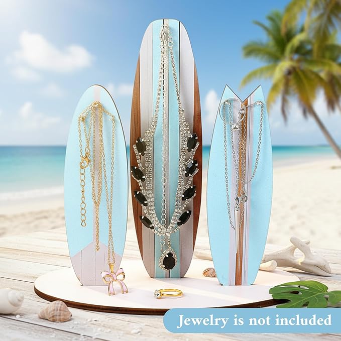 DIVINA VITAE Jewelry Organizer Stand, Cute Coastal Ocean Surfboard Decor, Preppy Beach Themed Room Decor Aesthetic, Coastal Dedroom Decoration Wooden Hawaii Surfer Gift for Teen Girls(Blue)