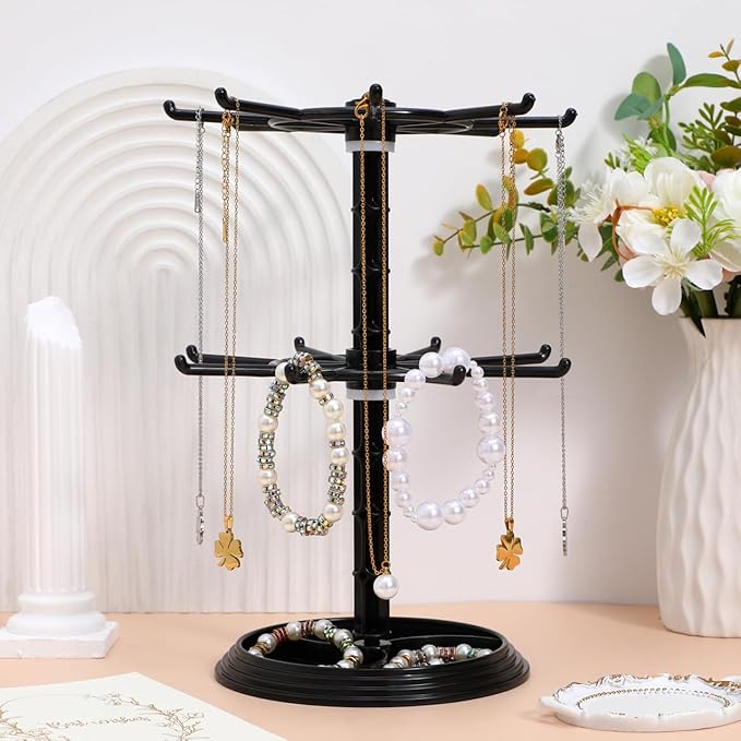 FRCOLOR Rotating Hanger Storage Stand with 16 Hooks for Keychains Bracelets Hair Ties Small Accessories Organizer Desktop Display Rack 8X12X8 Inches