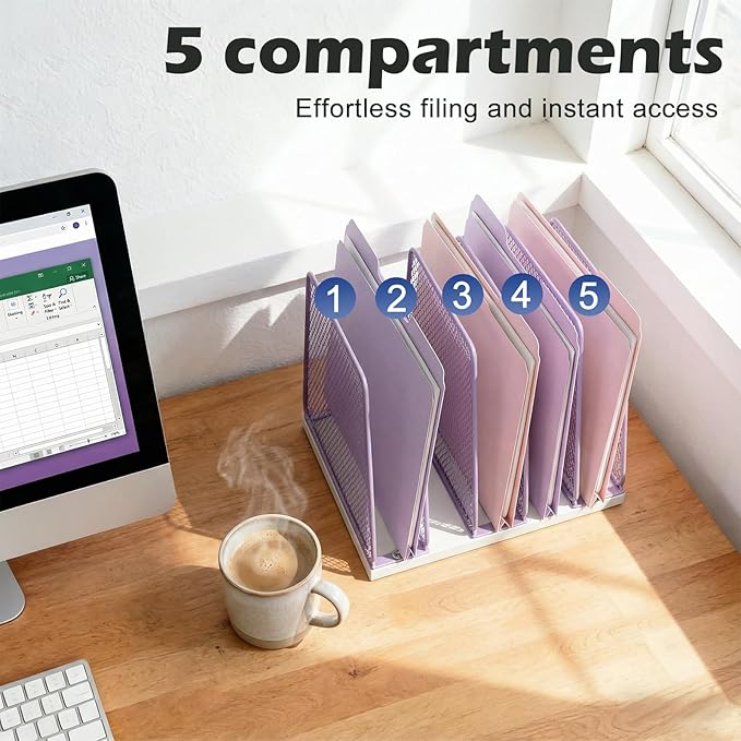 AUPSEN 5-Section Wooden Desktop File Organizer, File Sorter Storage Rack, Vertical File Holder for Office Supplies, Purple