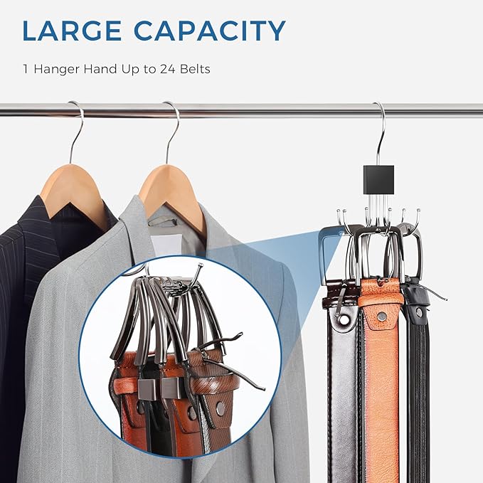 Belt Hanger, Belt Organizer for Closet 360° Rotatable Max 24 Belt Storage Space Saving Closet Organizers and Storage for Belt, Bra, Tank Top, Tie, Scarf, Purse 3Pcs