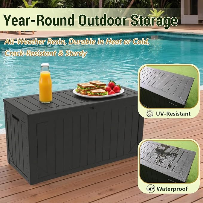 Outdoor Storage Box, 100 Gallon Resin Deck Box Waterproof for Patio Furniture, Garden Tools and Pool Accessories, Lockable UV-Resistant Storage Bin Bench Cabinet for Outside, Black