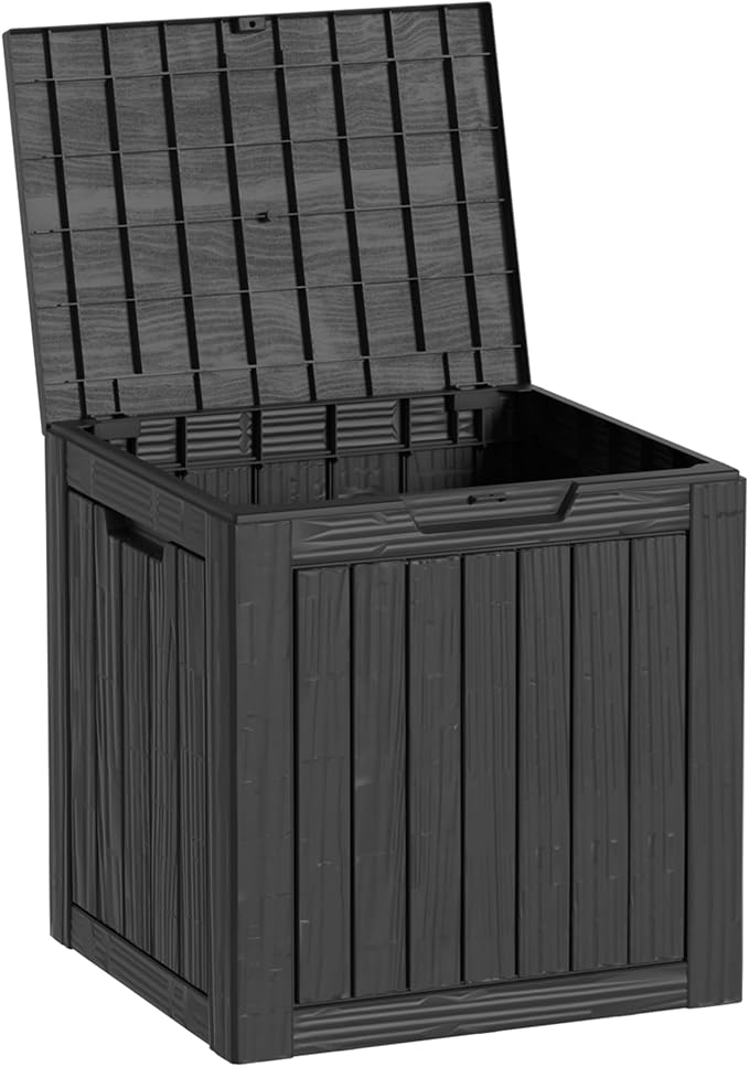 Outdoor Storage Box, 35 Gallon Resin Deck Box Waterproof for Patio, Poolside and Garden, Lockable UV-Resistant Storage Bin Bench Cabinet for Small Spaces, Black