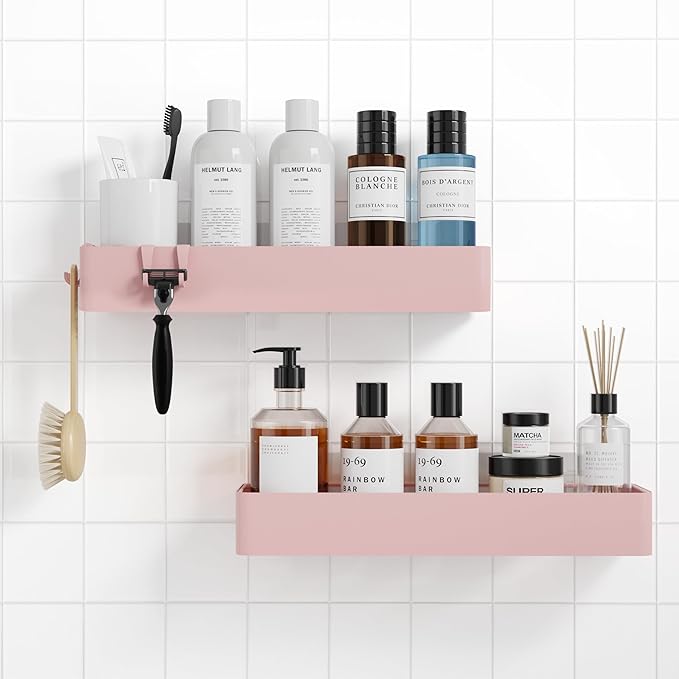 Kitsure Shower Caddy - 2 Pack Adhesive Shower Organizer, Rustproof Metal Shelves, No-Drill Bathroom Organizers and Storage, Pink, XX-Large