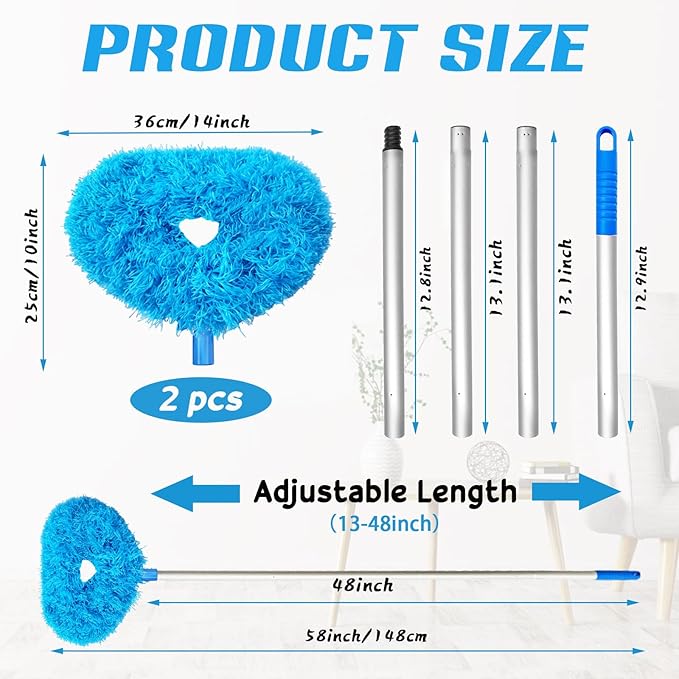 Ceiling Fan Cleaner Duster,Reusable Microfiber Ceiling Fan Blade Cleaner Duster with Extendable Long Handle Removable 13 to 48 in for Cleaning Bookshelves,Door,Window Top (Blue)