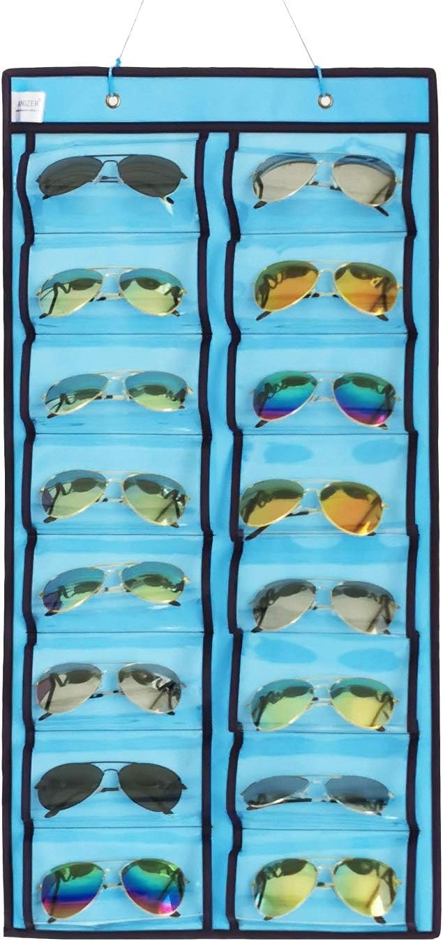 Dual-sided Hanging Sunglasses Organizer Dust-Proof Glasses Storage Wall Pocket Eyeglasses Display Case with 32 Slots