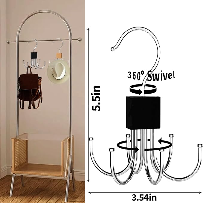 2pcs 360° Rotating 6-Claw Multi-Function Hook Closet Hanging Organizer Hangers for Clothes Hats Scarves Belts, Stainless Steel Rotary Hook Hanger for Kitchen Bathroom Office Home Storage Rack (Khaki)