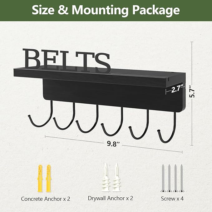 Belt Hanger Organizer for Closet, Wall Mount Belt Rack, Wooden Belt and Tie Organizer for Stores and Displays Mens Accessories (Length 9.8”) Black-Belts