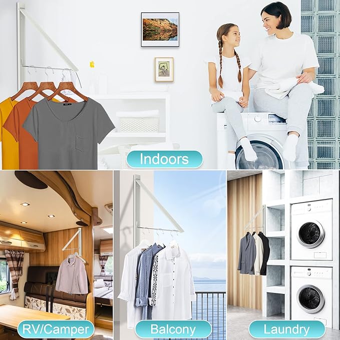 Retractable Clothes Drying Rack，Space Saver Wall Mounted Folding Hanger for Laundry Room, Closet Storage Organization, Easy Installation Aluminum Dryer White