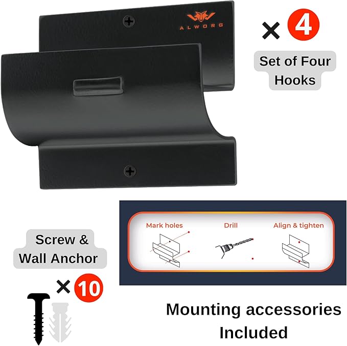Ladder Hanger set of 4 For Garage Wall - Black Heavy Duty Utility Hook For Wall Mount Ladder Storage. Versatile Tool Holder To Maximize Space In Garden, Shed, Workshop, Hang Wheelbarrow, Folding Chair