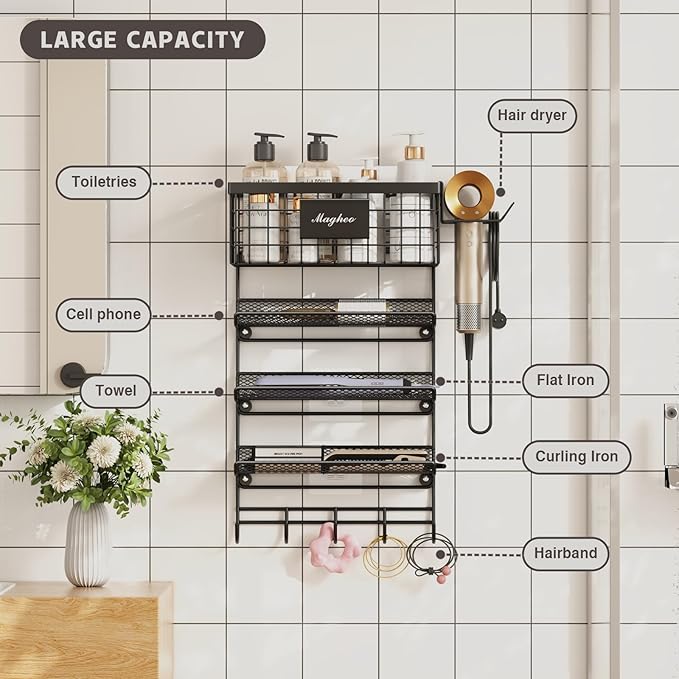 Hair Dryer Holder Wall Mounted, Adheisve Hair Styling Tool Organizer for hair Brush/Appliance Wall Mount with 4 Tier Shelf Basket Hooks Blow Dryer and Straightener Holder for Bathroom(Black)