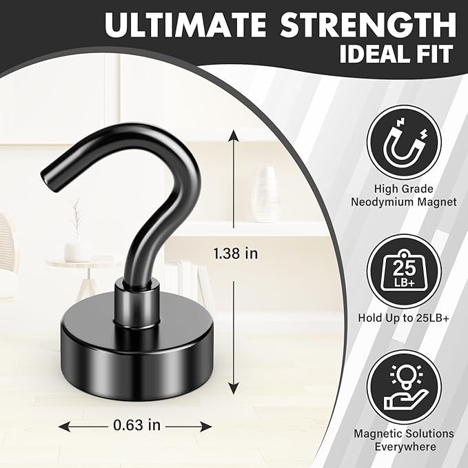 8 Pack Black Magnetic Hooks, 25 LB Neodymium Magnetic Hooks for Cruise Cabins, Strong Magnets with Hooks for Classroom, Mugs, Camper, Office, Kitchen, Metal Hooks for Cruise Ship Walls