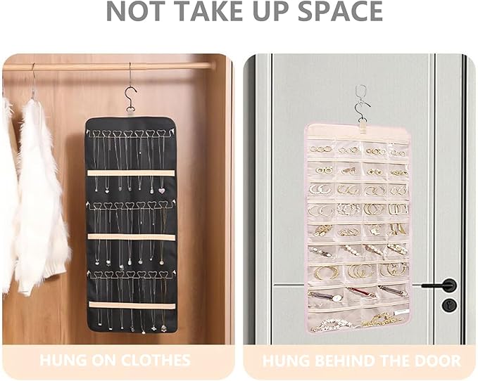 Hanging Jewelry Organizer Storage Roll- Closet Wall Jewelry Organizer Hanging with Hanger Metal Hooks Travel Jewelry Holder for Earrings, Necklaces, Rings (Black) (Pink)