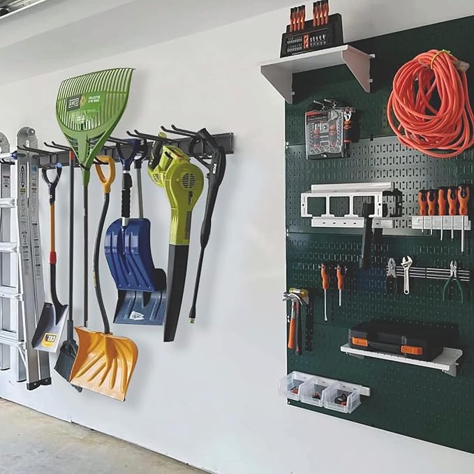 Wall Mount Tool Storage Rack, Garage Organization, Heavy Duty Garage Storage Tool Organizer, Garden Tool Wall Hooks and Hangers, Hold Up to 350lbs Black 2Pack