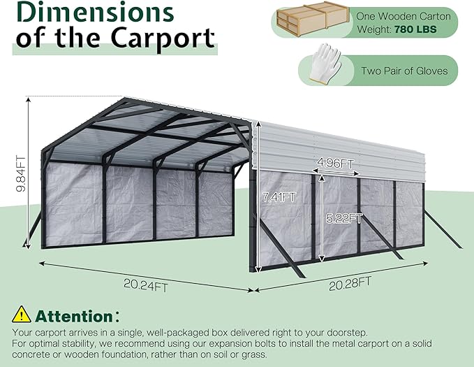 Jocisland 20x20 FT Heavy Duty Metal Carport, All-Weather Car Carport with Waterproof Removable Sidewall, Galvanized Steel Roof & Reinforced Base, Canopy for Bass Boats, Full-Sized Pickups and Tractors