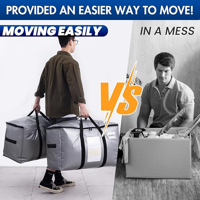 TAILI Extra Large Moving Bags, 2 Pack Silver Heavy Duty Totes for Storage with Visible Window, Wrap Around Handles, Storage Bags for Space Saving, Alternative to Moving Boxes