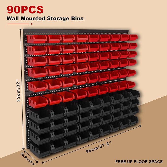‌90PCS Wall Mount Storage Bins Organizer - Adjustable Plastic Compartments for Screws/Nuts/Bolts／hardware, Perfect for Garage & Workshop Tool Organization