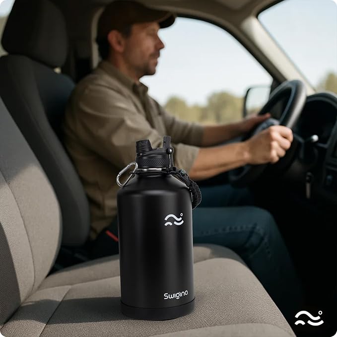1 Gallon Insulated Water Bottle with Silicone Boot (48hrs Cold/24hrs Hot) - DIY Stickers, Leakproof, BPA Free, 128 oz [2-IN-1 LID]
