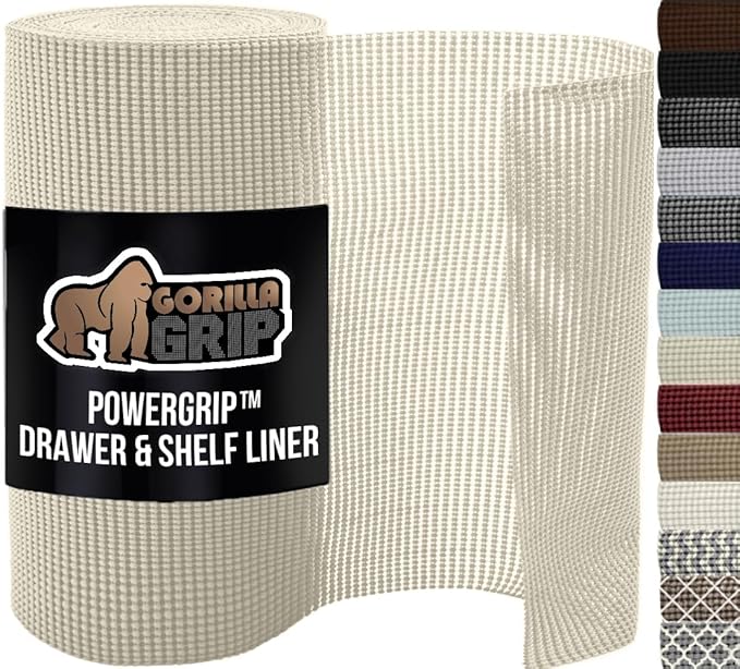 GORILLA GRIP powerGRIP Drawer Shelf and Cabinet Liner, Thick Strong Hold, Non-Adhesive Liners Protect Kitchen Cabinets and Cupboard, Bathroom Drawers, Easy Install, Breathable Mat, 12" x20', Cream