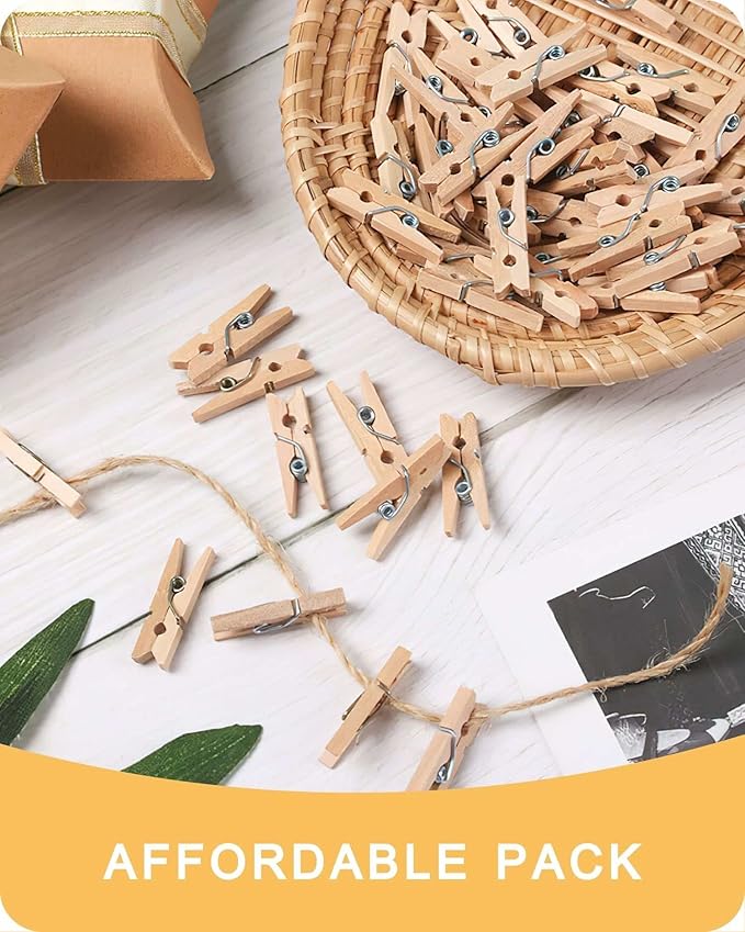 Mini Clothes Pins for Photo, Natural Small Wooden Clothespins 1 Inch Tiny Wood Decorative Clips Bulk, 33FT Jute Twine and Clothespins for Crafts Photos Pictures Baby Shower Game Classroom, 200 PCS