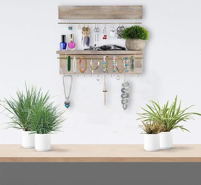 Spiretro Wall Mounted Wood Jewelry Organizer with Metal Bars, Set of 2