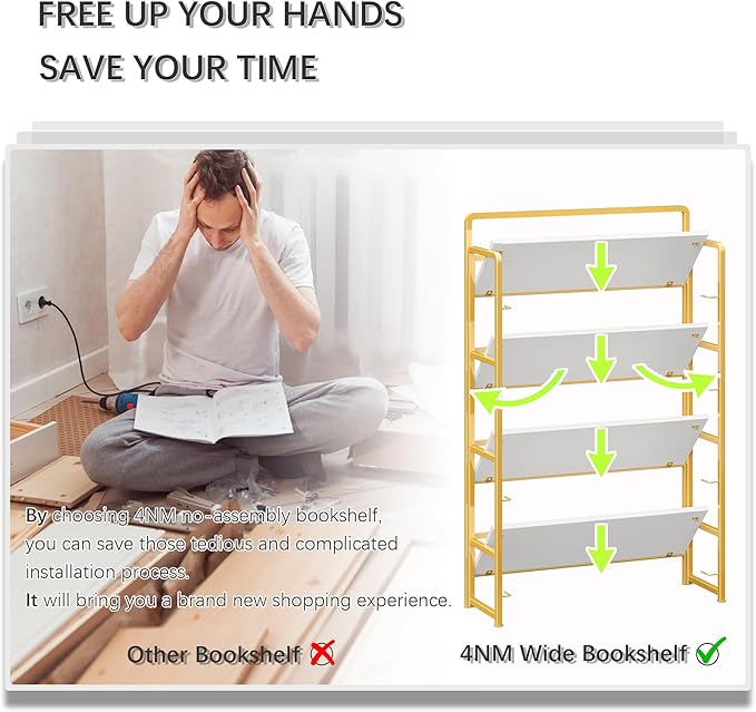 4NM No Assembly Extra Wide 4 Tiers Folding Bookshelf Storage Shelves Vintage Bookcase Standing Racks Study Organizer Home Office (White Gold)