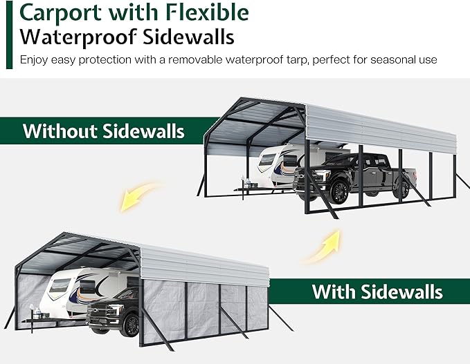 Jocisland 20x20 FT Heavy Duty Metal Carport, All-Weather Car Carport with Waterproof Removable Sidewall, Galvanized Steel Roof & Reinforced Base, Canopy for Bass Boats, Full-Sized Pickups and Tractors