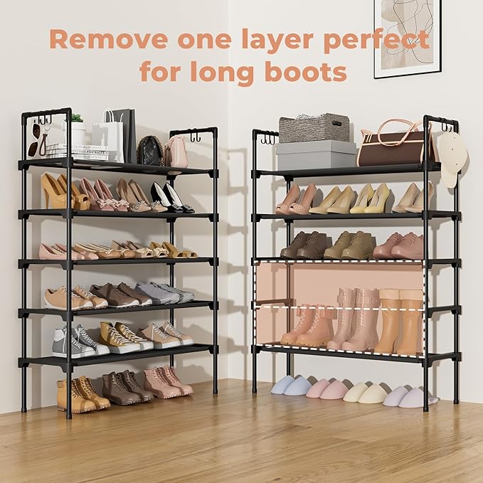 5 Tier Shoe Rack for Closet Shoe Organizer with 5 Hooks, Long Shoe Shelf Storage for Shoe and Boot Stackable Free Standing Shoe Rack for Entryway, Garage, Small Spaces, Dorm, Black
