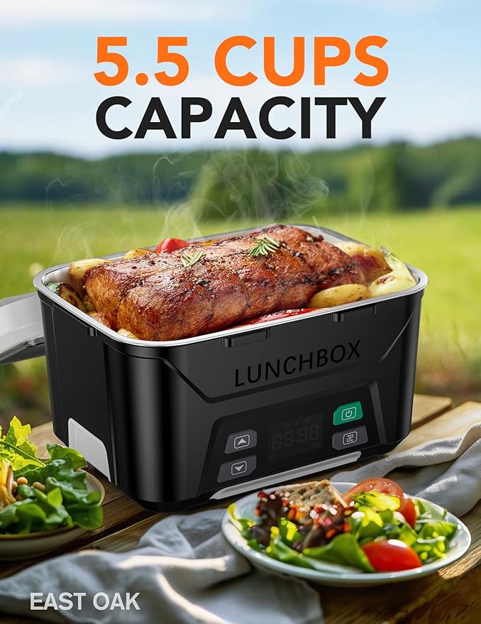 EAST OAK Cordless Electric Lunch Box for Adults, Heated Lunch Box Battery Powered with Automatic Heating, 5.5 Cups Portable Food Warmer with Insulated Carry Bag