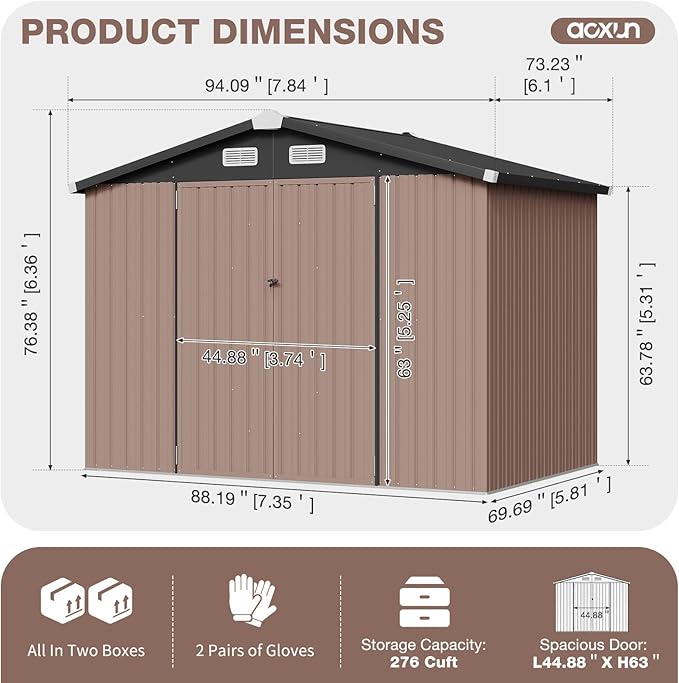 Aoxun 8x6 FT Shed with Base Metal Outdoor Storage Shed Garden Shed with Lockable Doors Tool Shed Bike Shed for Backyard, Patio, Poolside (Brown)