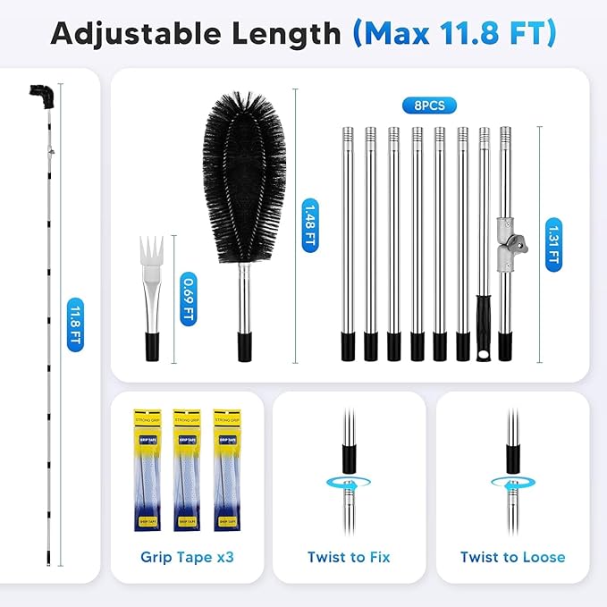 11.8FT Gutter Cleaning Tools From the Ground, No Ladder Needed - Adjustable Gutter Cleaner Pole with Replaceable Brush & Shovel for Roof Rain Gutters Cleans Leaves and Debris with Grip Tapes