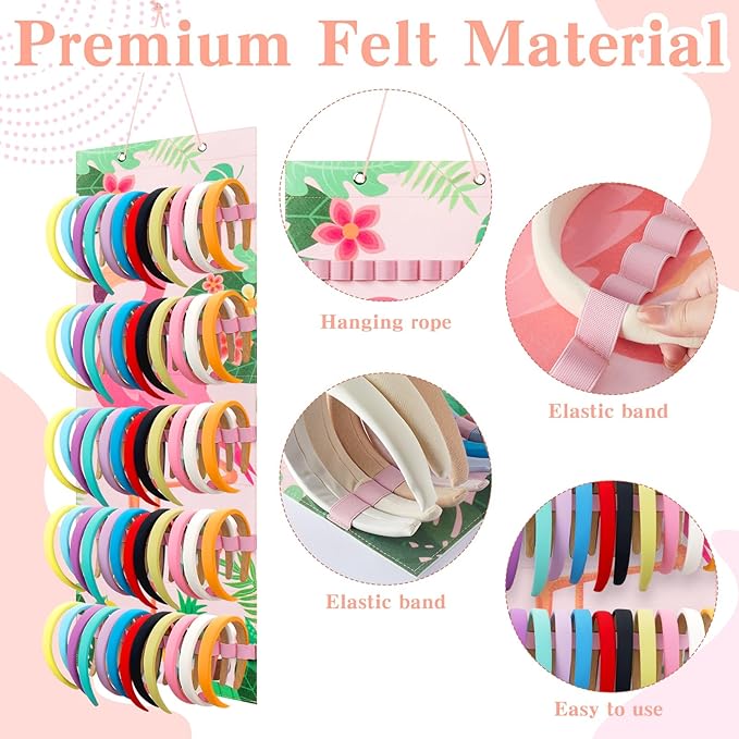 Tudomro Hanging Headband Holder for Girls Felt Hair Accessories Organizer with 60 Elastic Bands Bow Hanger for Girls Hair Bows Without Headbands(Flamingo,Fresh Color)