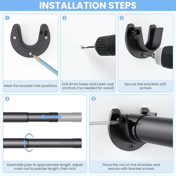 Closet Rods for Hanging Clothes, 17 to 28 Inch Stepless Adjustable Closet Rod, 1.3 Inch Diameter Metal Heavy Duty Closet Hanging Rod for Closet Wardrobes Laundry RV, Black