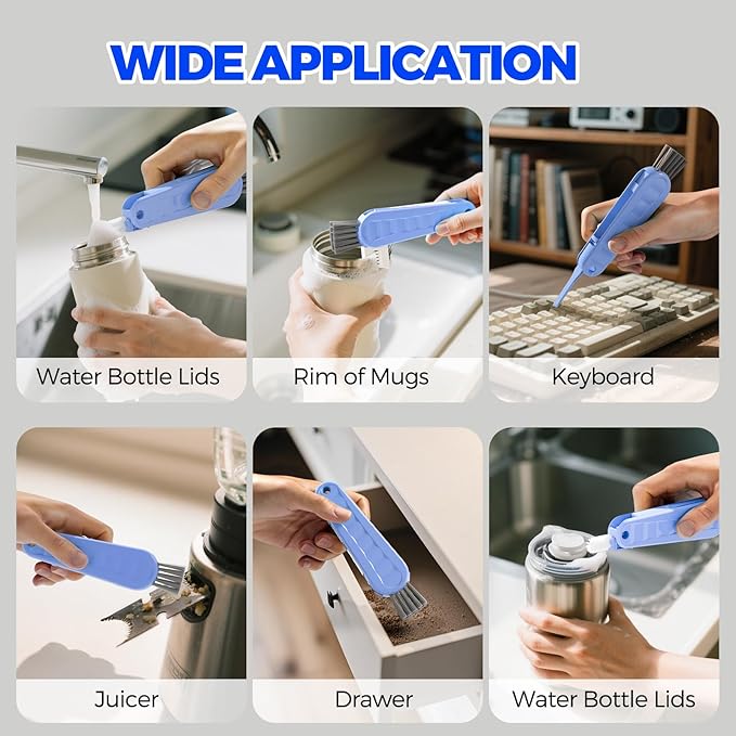 6 Pack Holikme 4 in 1 Cup Lid Cleaning Brush Set with 3 Straws, Multifunctional Bottle Brush, Silicone Cup Lid Gap Cleaner, Durable Bristle Crevice Cleaning Brush, Blue