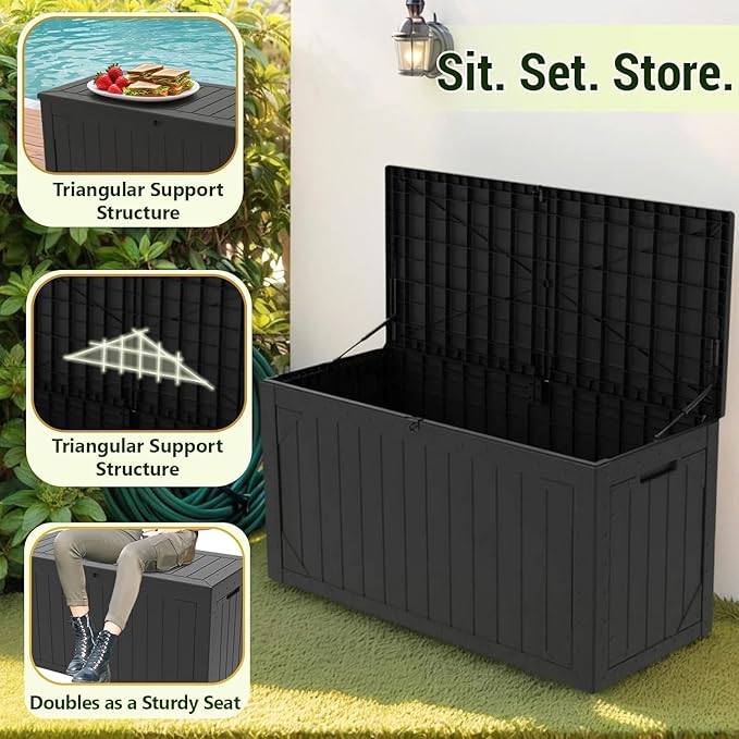 Outdoor Storage Box, 100 Gallon Resin Deck Box Waterproof for Patio Furniture, Garden Tools and Pool Accessories, Lockable UV-Resistant Storage Bin Bench Cabinet for Outside, Black