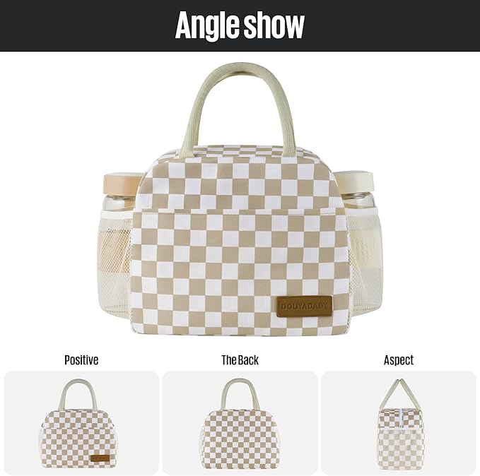 Lunch Bag Women/Men Lunch Box Women/Men (Khaki+White Checkerboard)