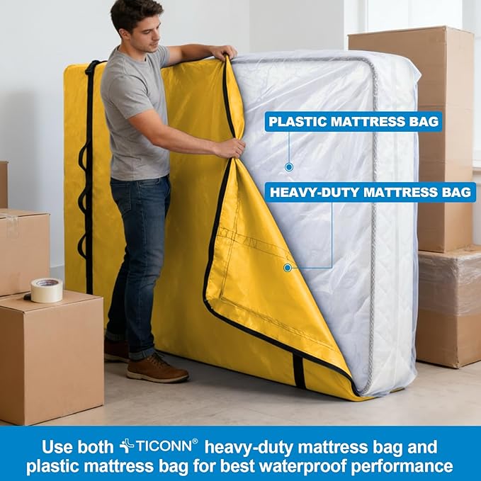 TICONN Mattress Bags for Moving, Heavy Duty Full XL Mattress Cover Storage Bag with Full-Around Handle and Adjustable Buckles (Yellow, Full XL)