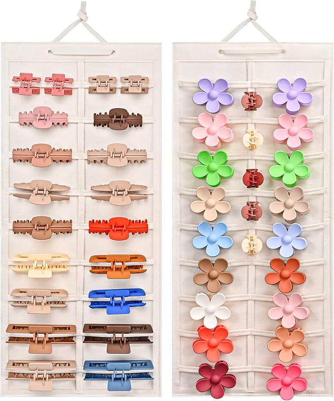 Lolalet Hair Claw Clip Organizer, 2 Pack Hanging Hair Clip Organizer Storage for Women Girl, Wall-Mounted Hair Claw Clip Holder Organizer, Claw Clip Storage Display for Wall Door Closet -Beige