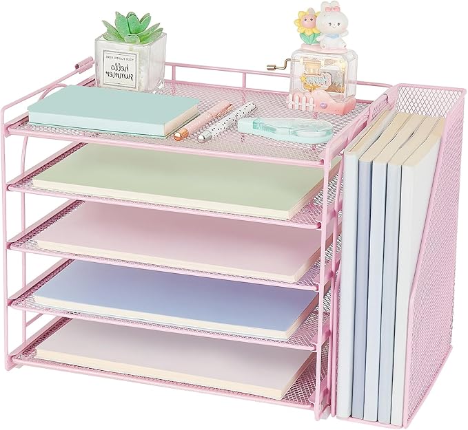 AUPSEN Pink Desk Organizers and Accessories,5-Tier Desktop Paper File Organizer with Adjustable File Holder, Office Desk Accessories for Office Supplies