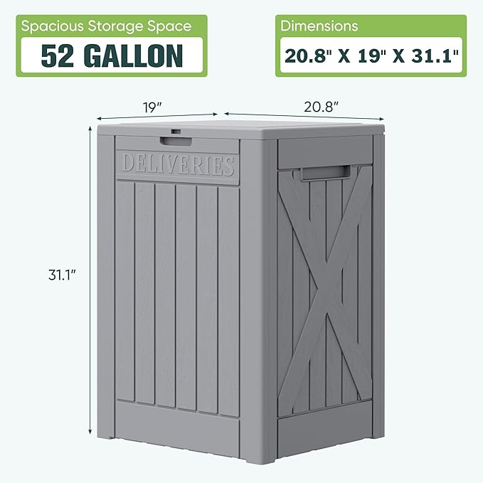 Greesum 52 Gallon Large Outdoor Package Delivery Box for Porch, Lockable Secure Double-Wall Resin Storage Bin, Waterproof Deck Container for Package Protection, Gray