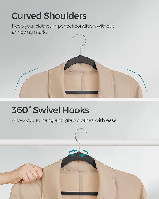 SONGMICS Velvet Hangers 20 Pack, Non-Slip Clothes Hangers with Shoulder Notches, Pants Bar, 360° Swivel Hook, Space-Saving, for Closet, Ink Black UCRF029B02