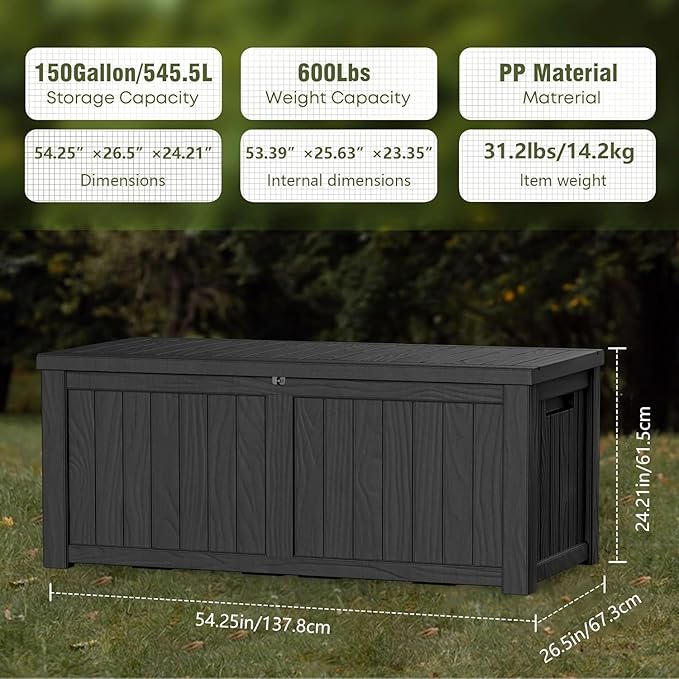 Outdoor Storage Deck Box Waterproof, 150 Gallon Large Lockable Patio Storage Bin Chest, Resin Outside Container Seat Bench for Furniture Cushions, Pool Accessories, Garden Tools & Delivery, Black