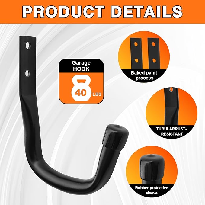 Heavy Duty Wall Garage Hooks, Steel Anti-Slip Utility Hooks Storage Organization Hangers for Ladders, Bikes, Hose, Garden Tools, Coats, Bags with Mounting Hardware Kit (Black, 10 Pack)