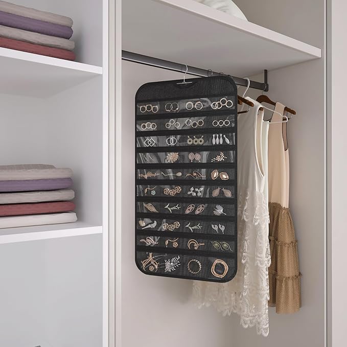 1 Pack Hanging Jewelry Organizer 80-Pocket Dual-sided Jewelry Storage for Earring Necklace Bracelet Ring Travel Holder, Black