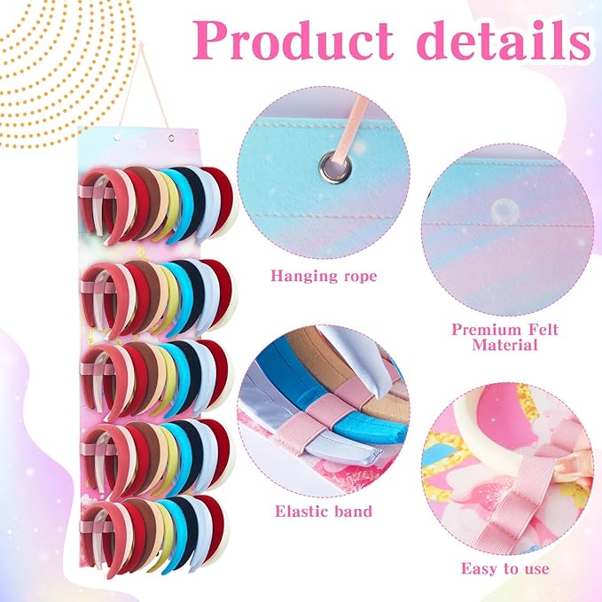 Tudomro Hanging Headband Holder for Girls Felt Hair Accessories Organizer with 60 Elastic Bands Bow Hanger Hair Bows Without Headbands(Unicorn,Pink)