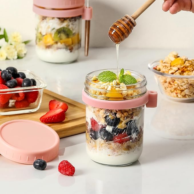 6 Pack Overnight Oats Containers with Lids and Spoons, 16 oz Glass Mason Overnight Oats Jars, Large Capacity Airtight Jars for Milk, Cereal, Fruit(Pink)